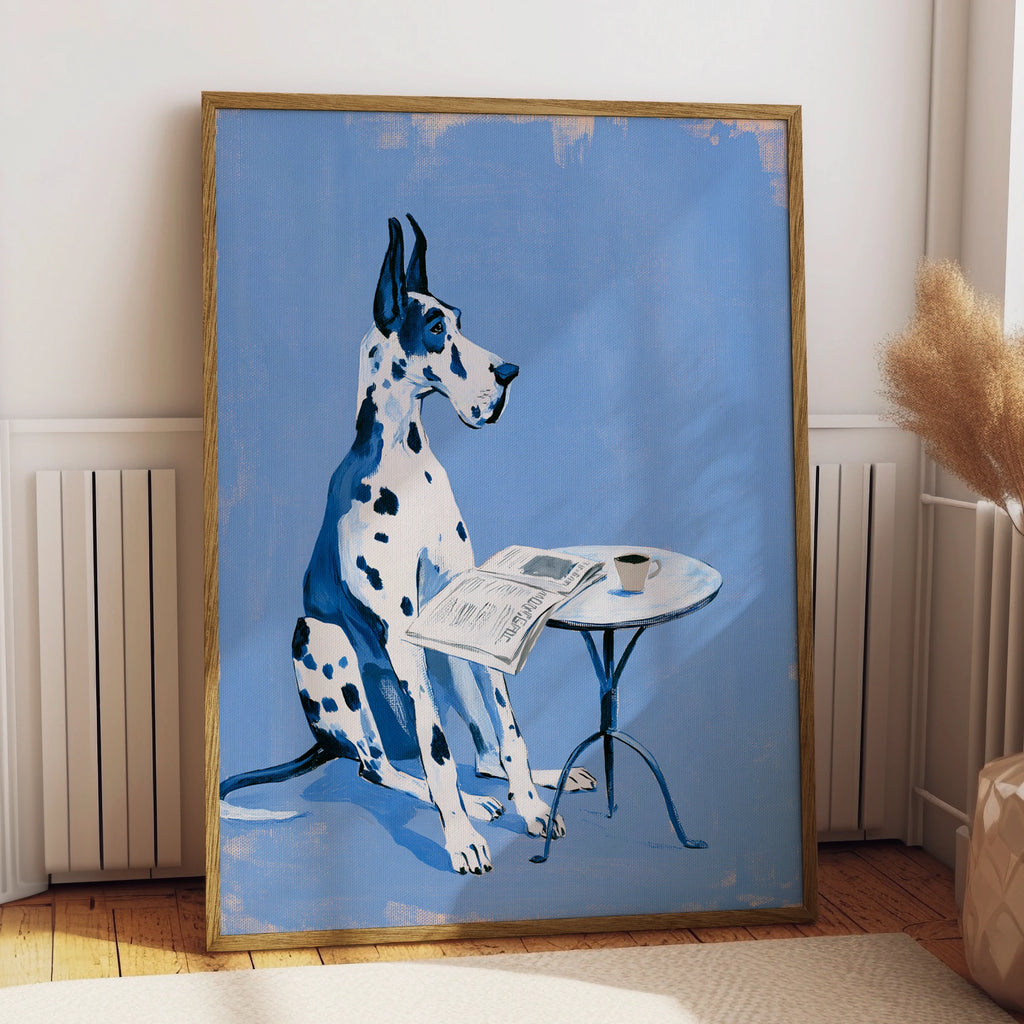 Great Dane Blue Poster, Dog Reading Newspaper Cafe Art Print, Quirky Pet Wall Art