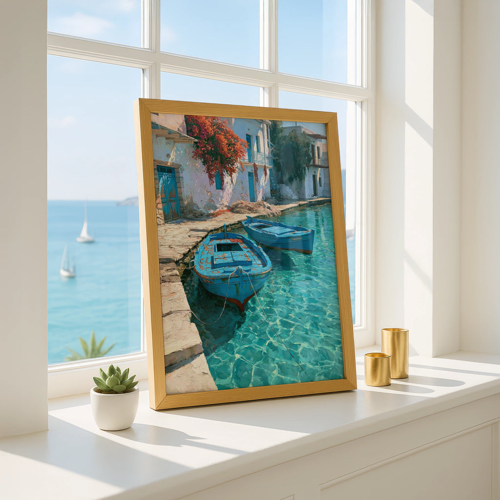 Greek Fishing Harbour Poster, Blue Boats Turquoise Water, Mediterranean Wall Art