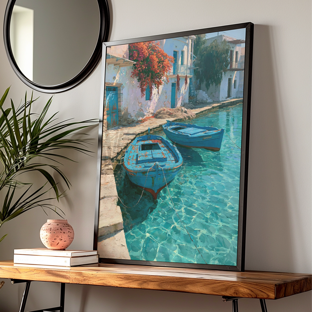 Greek Fishing Harbour Poster, Blue Boats Turquoise Water, Mediterranean Wall Art