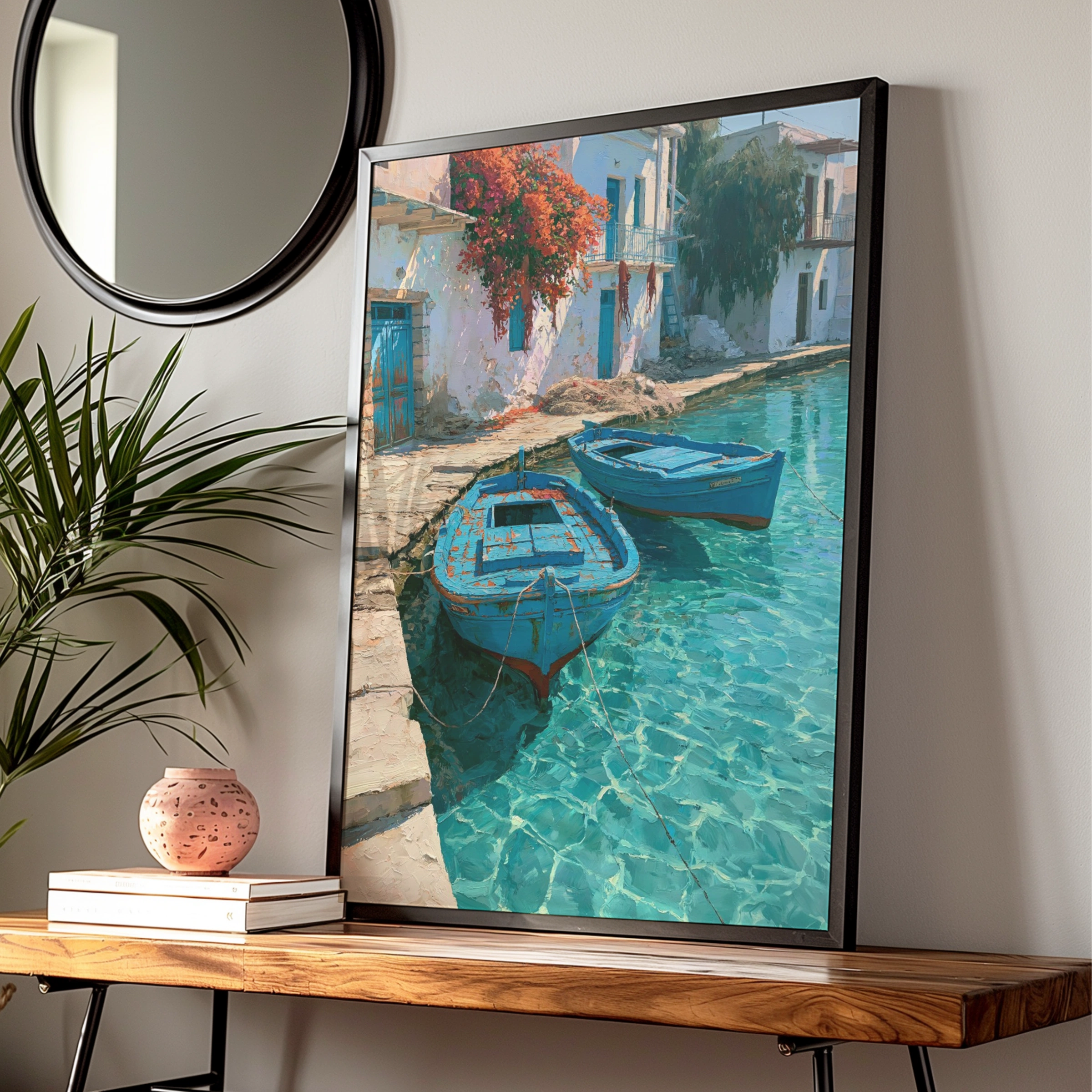 Greek Fishing Harbour Poster, Blue Boats Turquoise Water, Mediterranean Wall Art