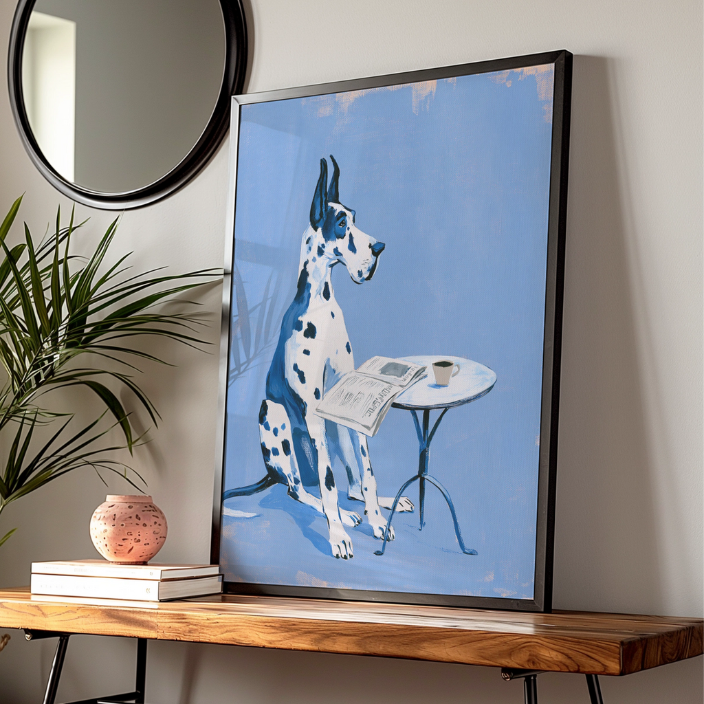 Great Dane Blue Poster, Dog Reading Newspaper Cafe Art Print, Quirky Pet Wall Art