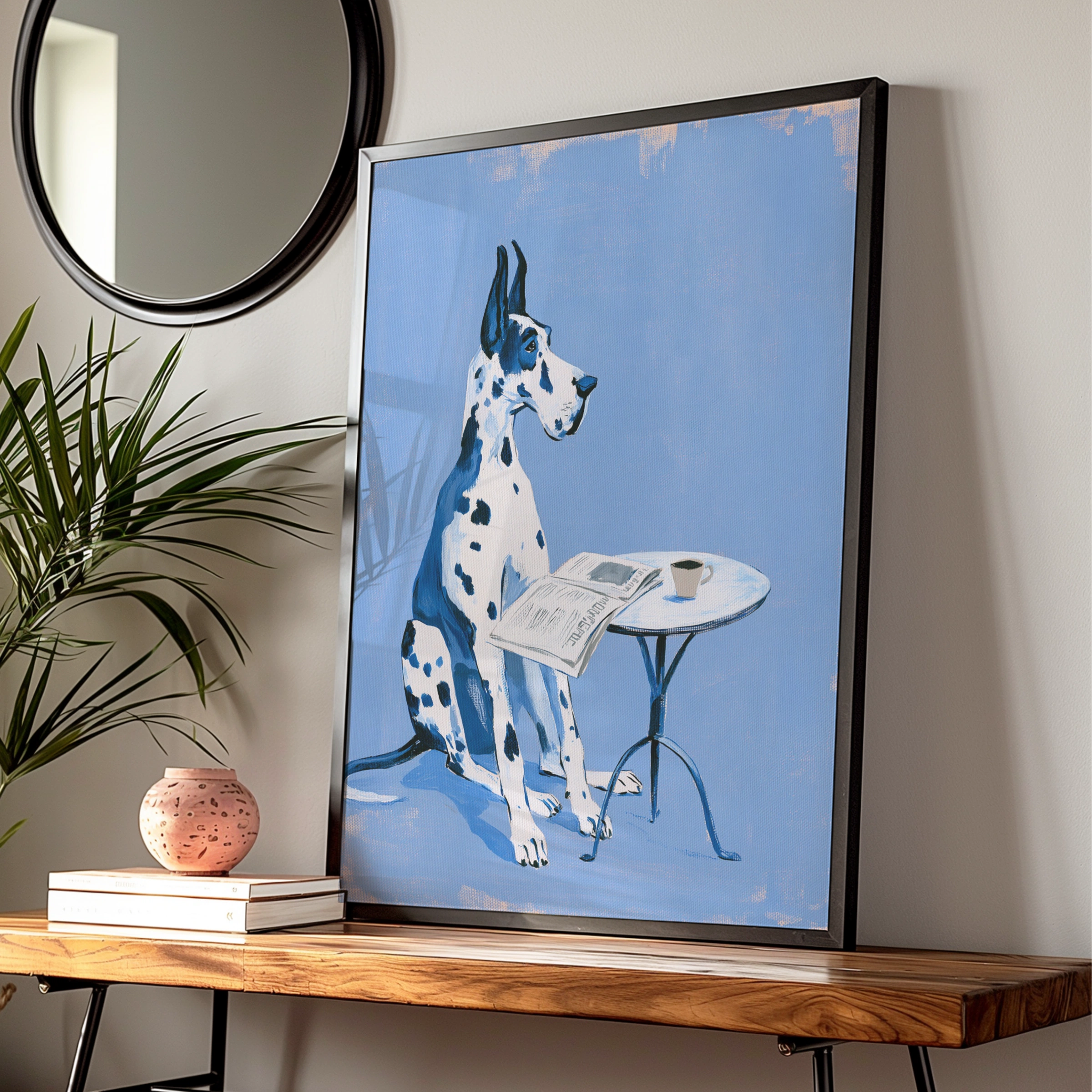 Great Dane Blue Poster, Dog Reading Newspaper Cafe Art Print, Quirky Pet Wall Art