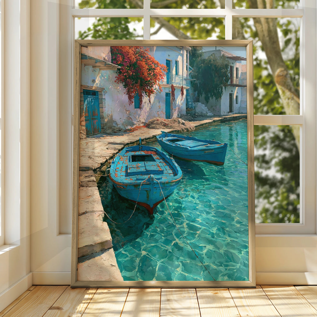 Greek Fishing Harbour Poster, Blue Boats Turquoise Water, Mediterranean Wall Art