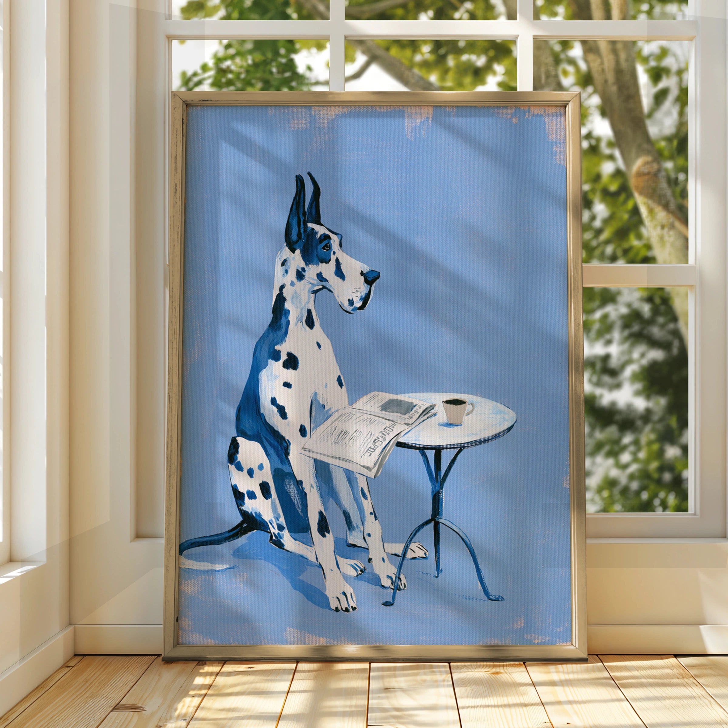 Great Dane Blue Poster, Dog Reading Newspaper Cafe Art Print, Quirky Pet Wall Art