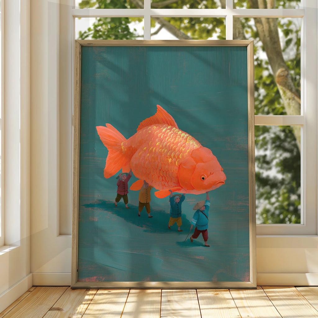 Giant Koi Fish Carried by Fishermen Poster, Asian Folk Art Print