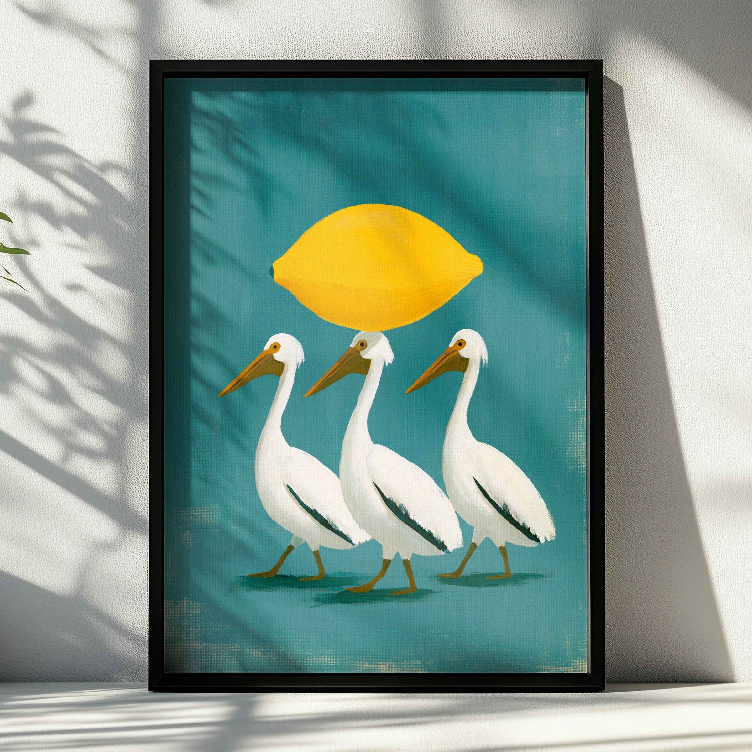 Pelicans with Lemon Wall Art Poster, Whimsical Bird Print, Teal Yellow