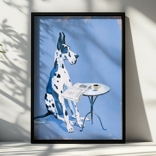 Great Dane Blue Poster, Dog Reading Newspaper Cafe Art Print, Quirky Pet Wall Art