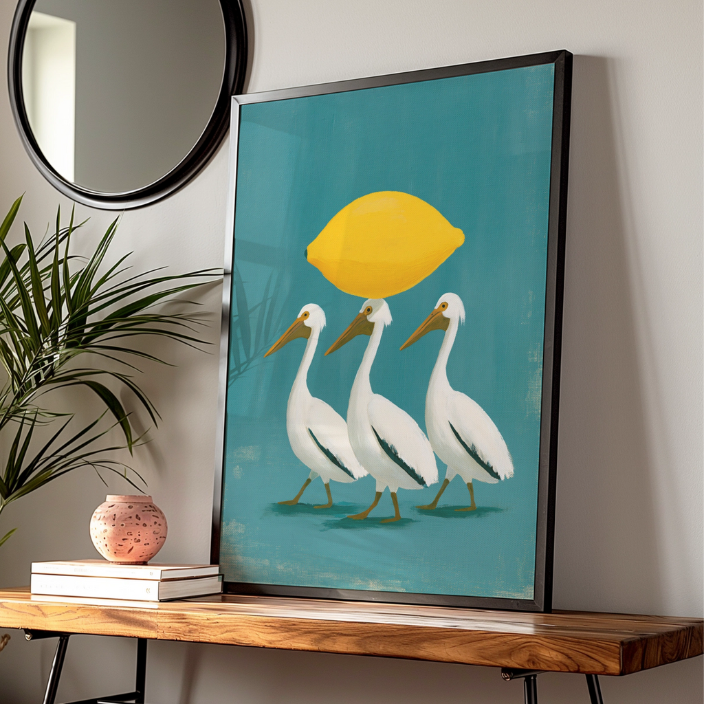 Pelicans with Lemon Wall Art Poster, Whimsical Bird Print, Teal Yellow