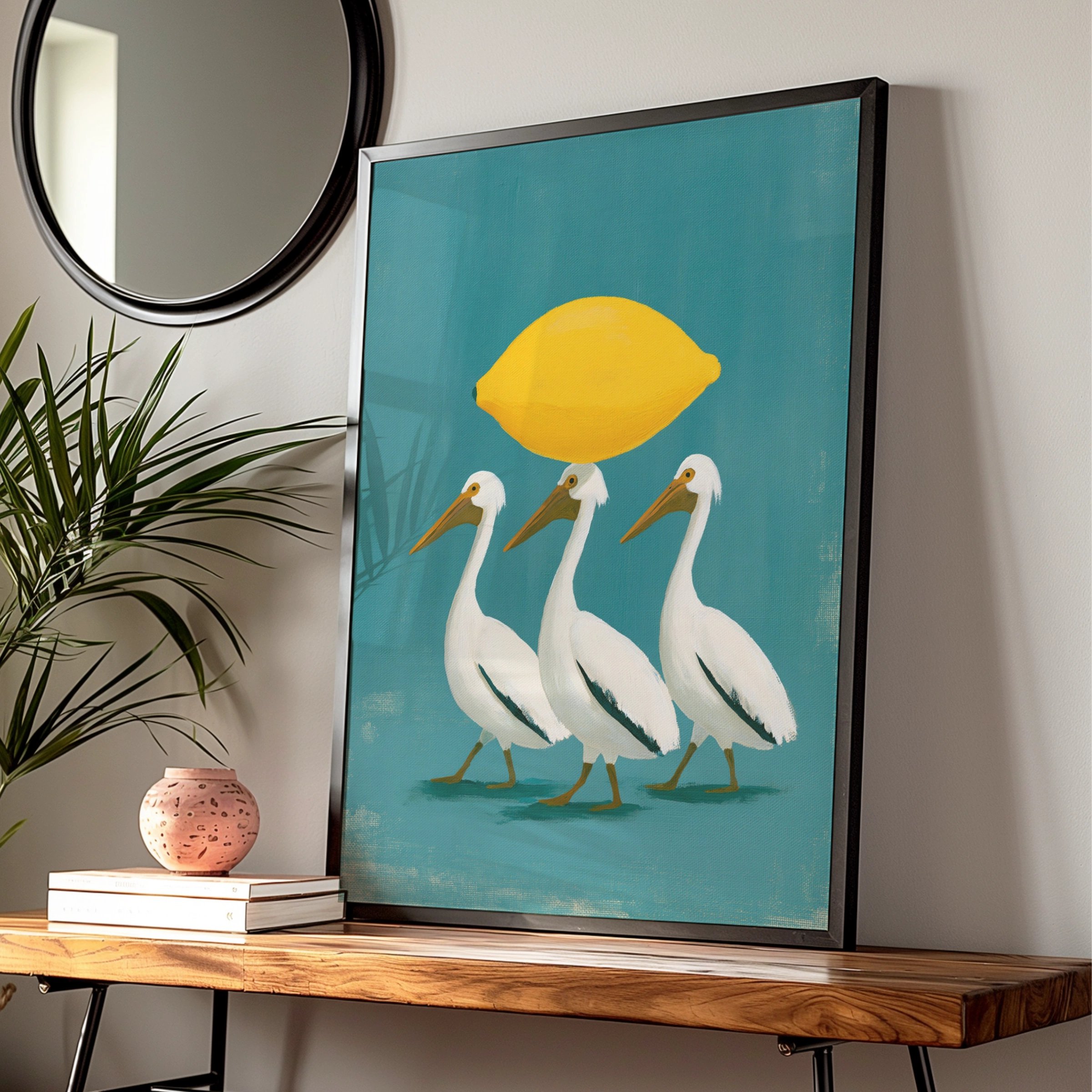 Pelicans with Lemon Wall Art Poster, Whimsical Bird Print, Teal Yellow