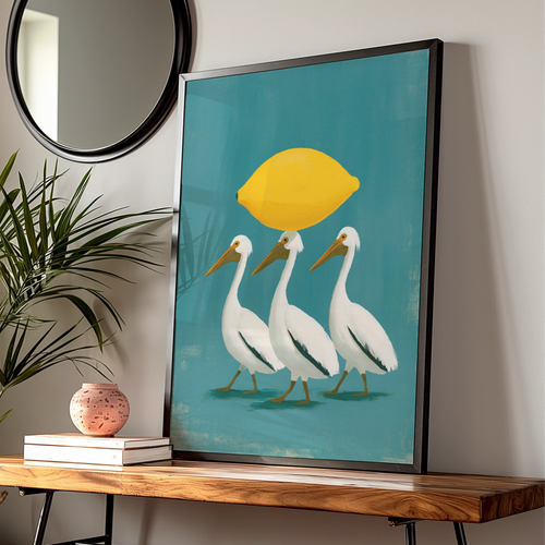 Pelicans with Lemon Wall Art Poster, Whimsical Bird Print, Teal Yellow