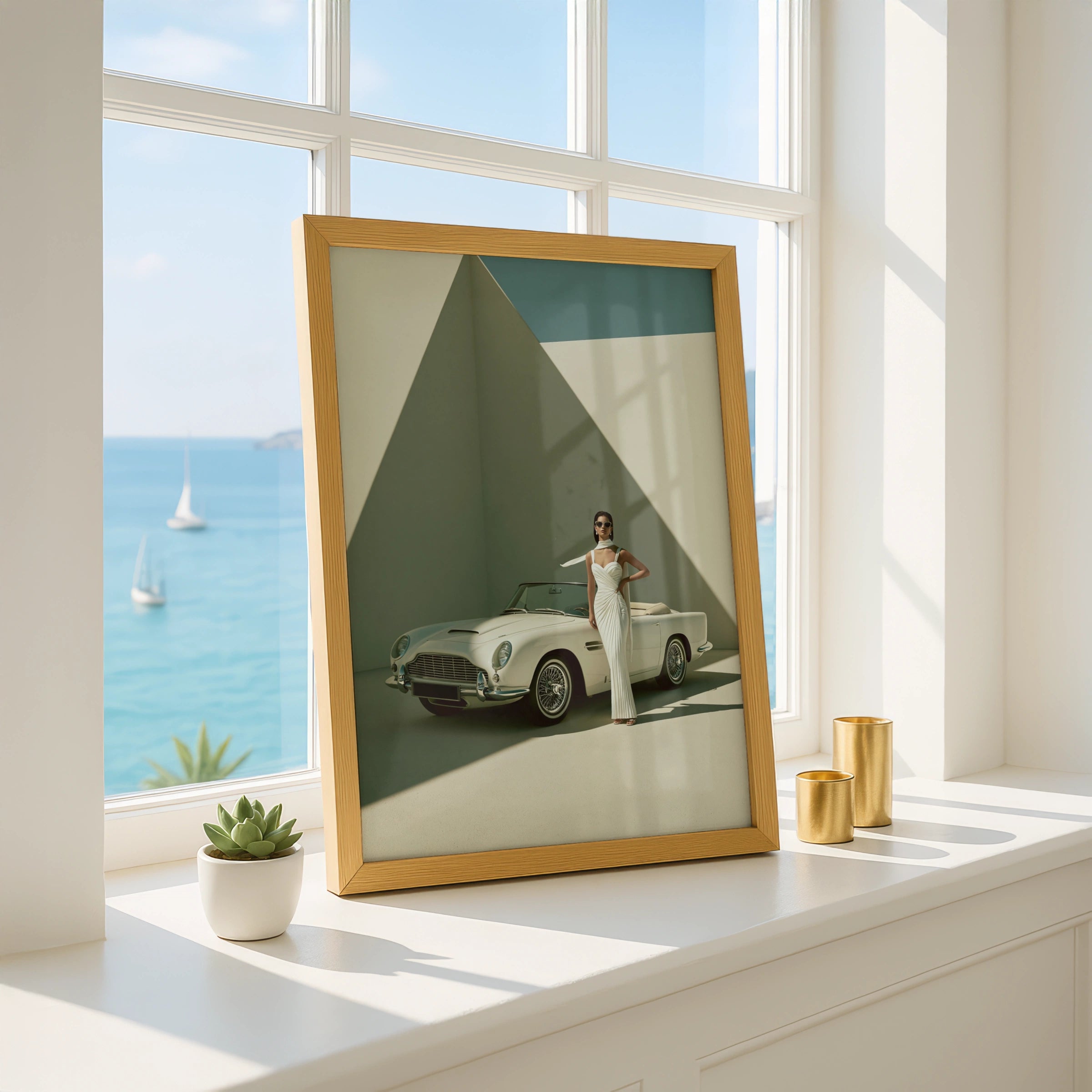 Woman Classic Car Poster, Elegant Fashion Print, Vintage Convertible Wall Art