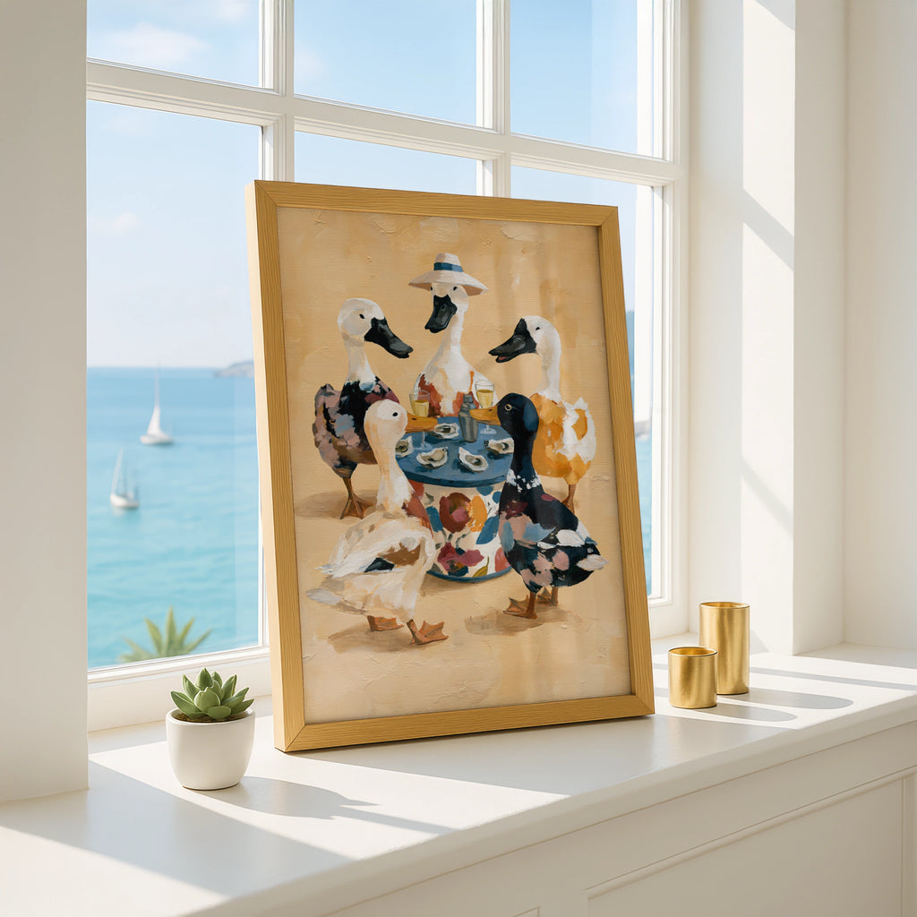 Ducks Eating Oysters Wall Art Poster, Whimsical Animal Print, Quirky Illustrated