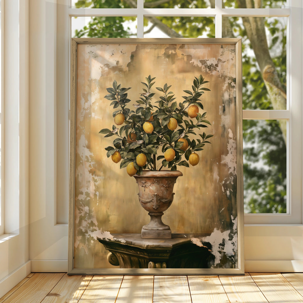 Lemon Tree Ancient Urn Poster, Botanical Wall Art, Vintage Italian Style