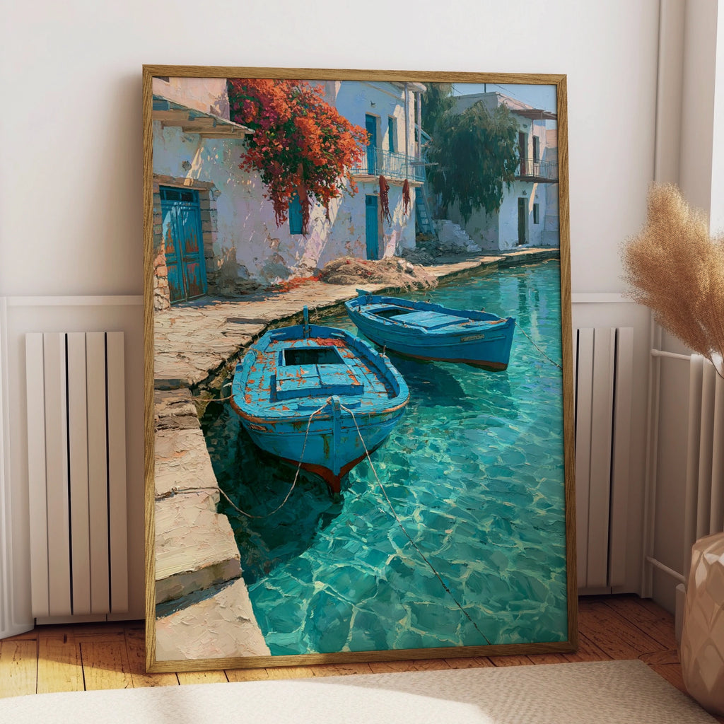 Greek Fishing Harbour Poster, Blue Boats Turquoise Water, Mediterranean Wall Art