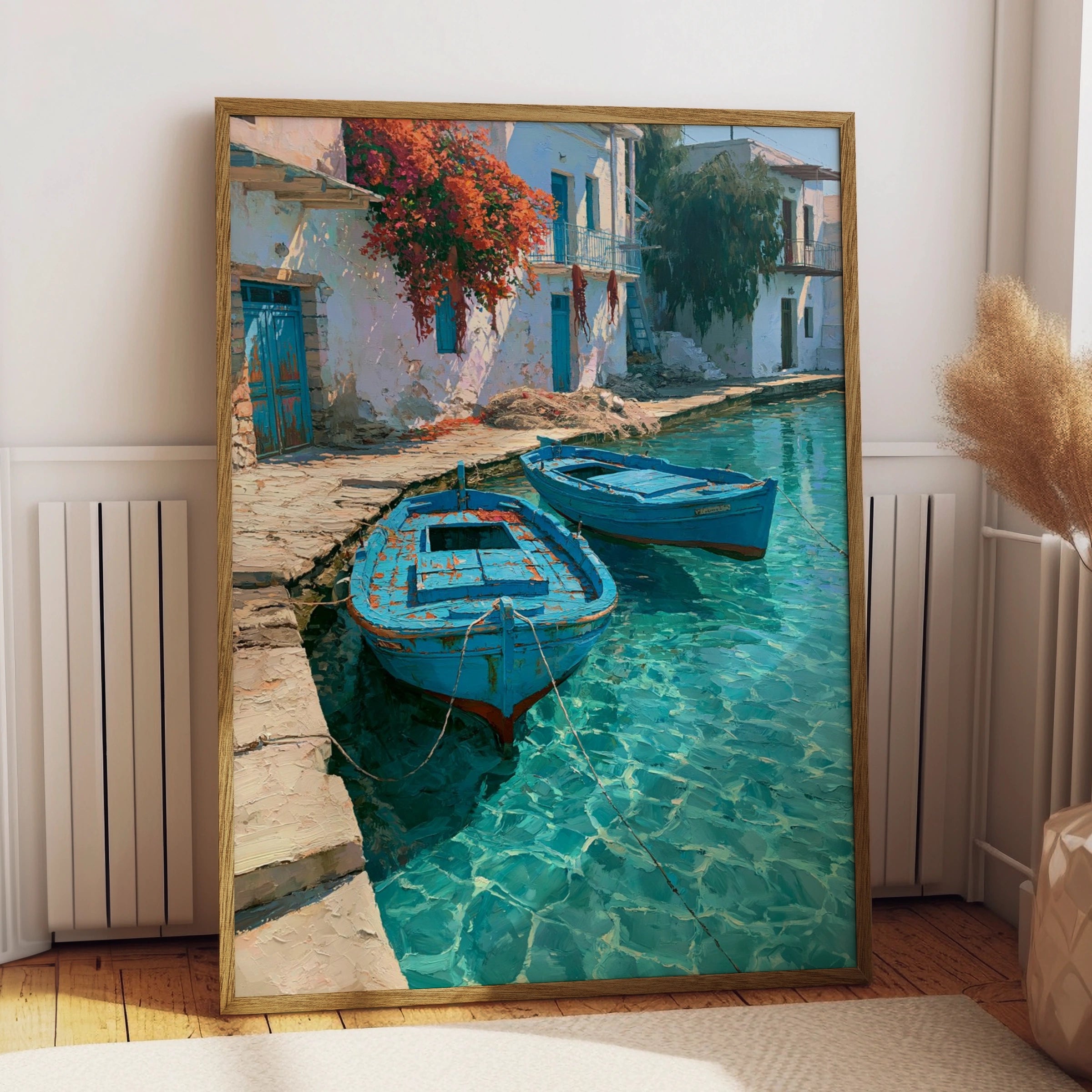 Greek Fishing Harbour Poster, Blue Boats Turquoise Water, Mediterranean Wall Art