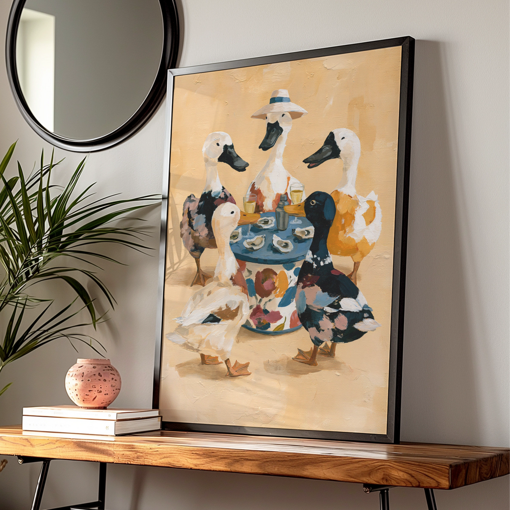 Ducks Eating Oysters Wall Art Poster, Whimsical Animal Print, Quirky Illustrated