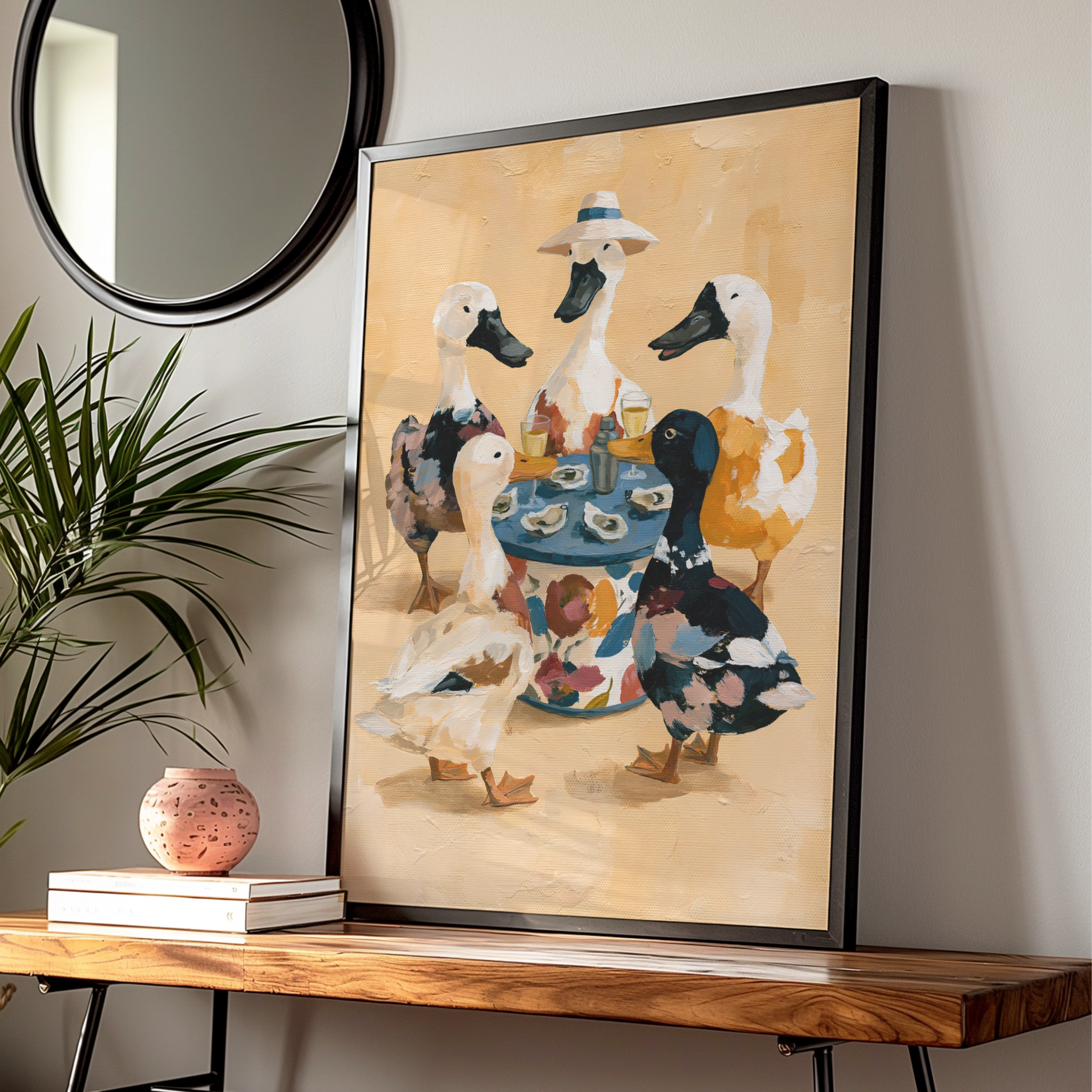 Ducks Eating Oysters Wall Art Poster, Whimsical Animal Print, Quirky Illustrated