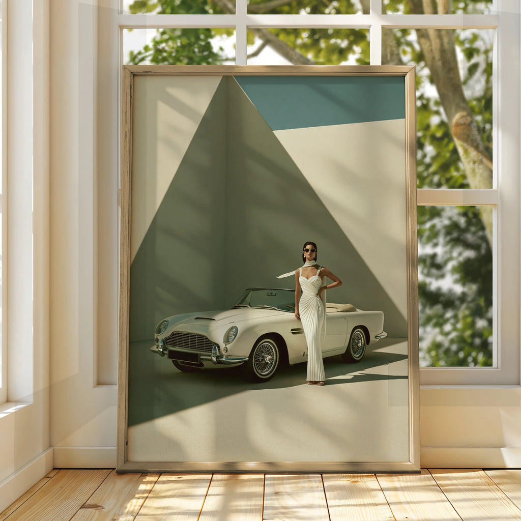 Woman Classic Car Poster, Elegant Fashion Print, Vintage Convertible Wall Art