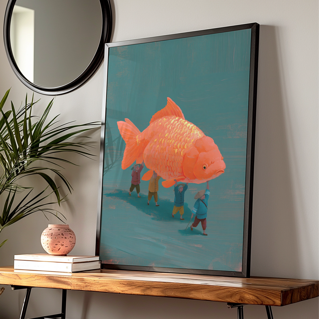 Giant Koi Fish Carried by Fishermen Poster, Asian Folk Art Print