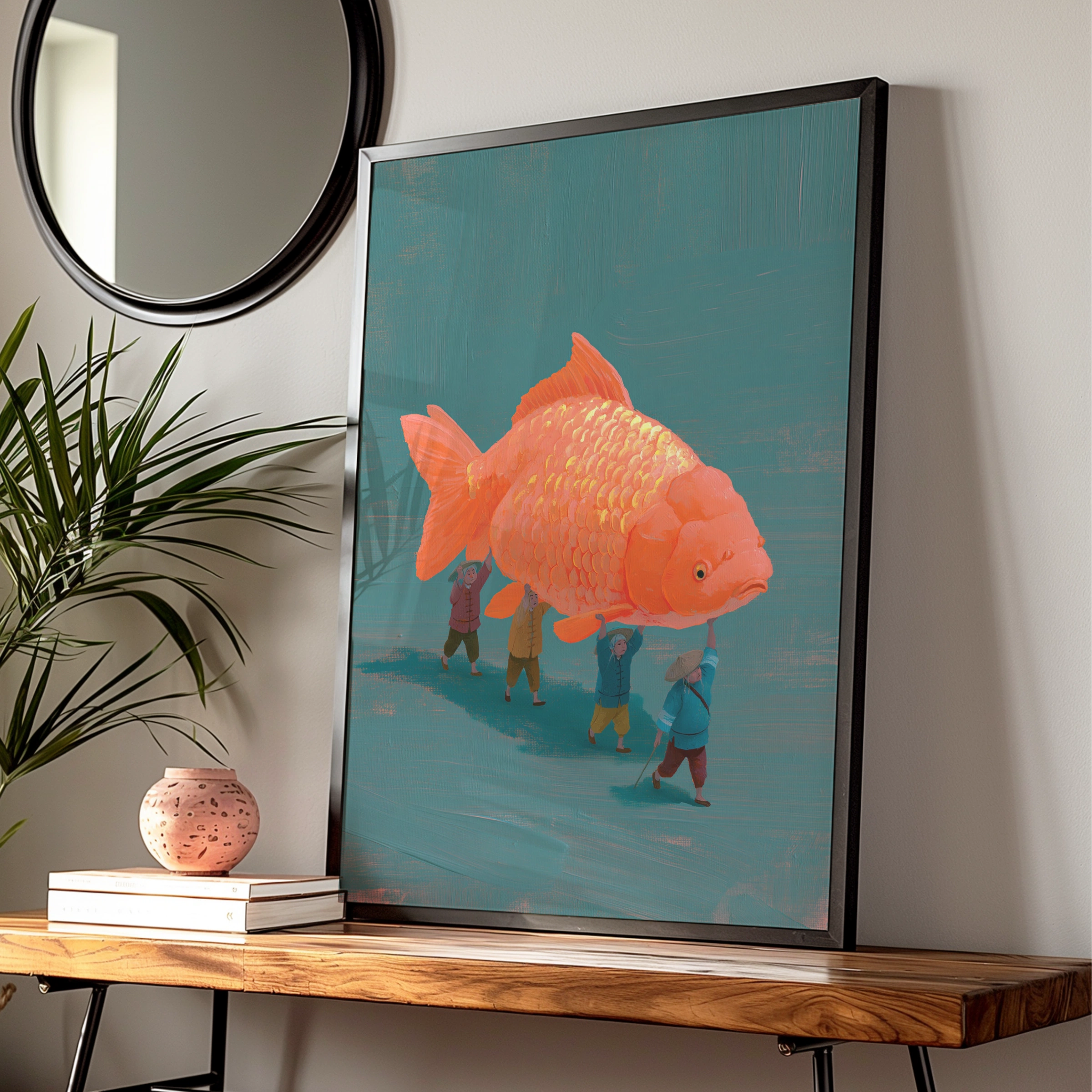 Giant Koi Fish Carried by Fishermen Poster, Asian Folk Art Print