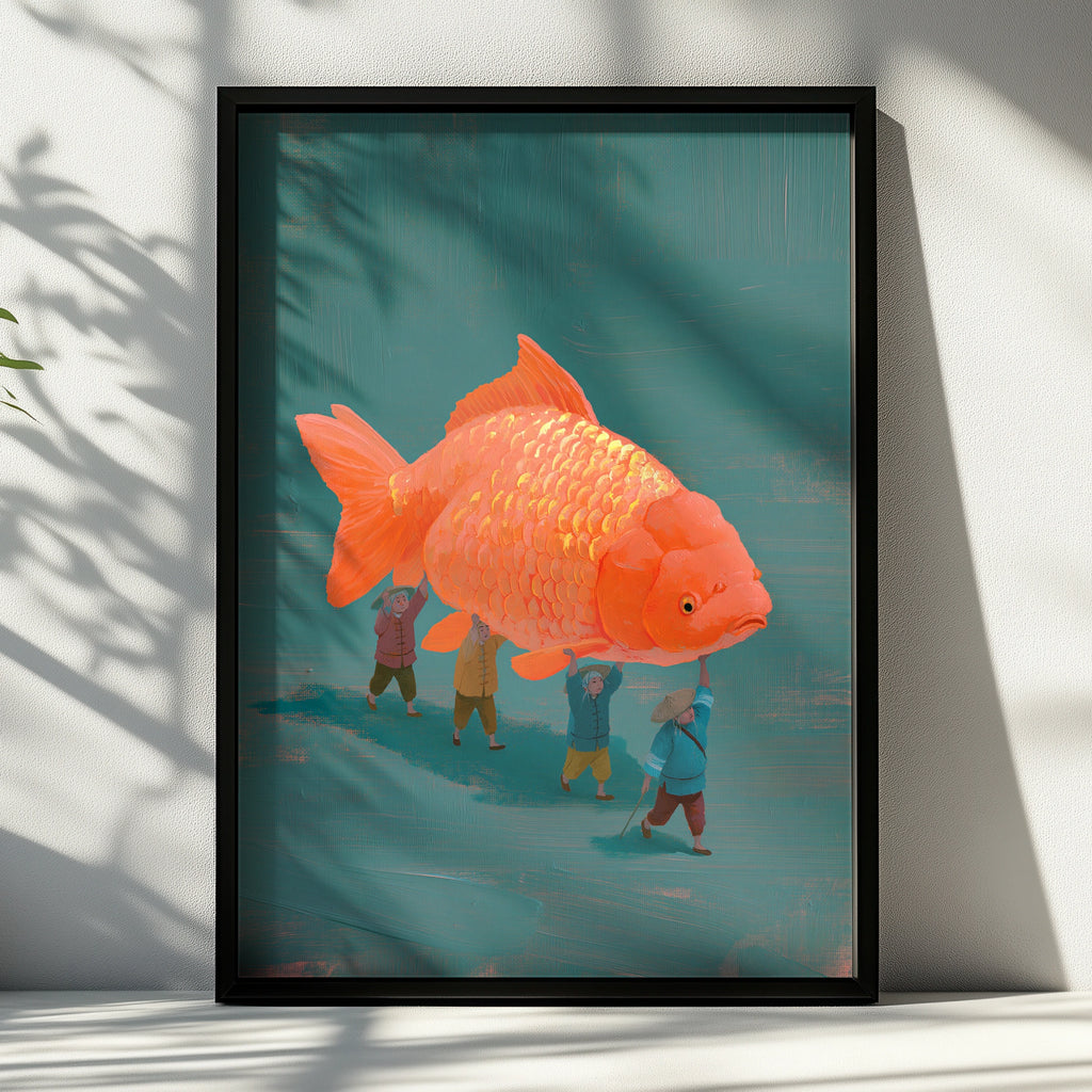 Giant Koi Fish Carried by Fishermen Poster, Asian Folk Art Print