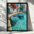 Greek Fishing Harbour Poster, Blue Boats Turquoise Water, Mediterranean Wall Art