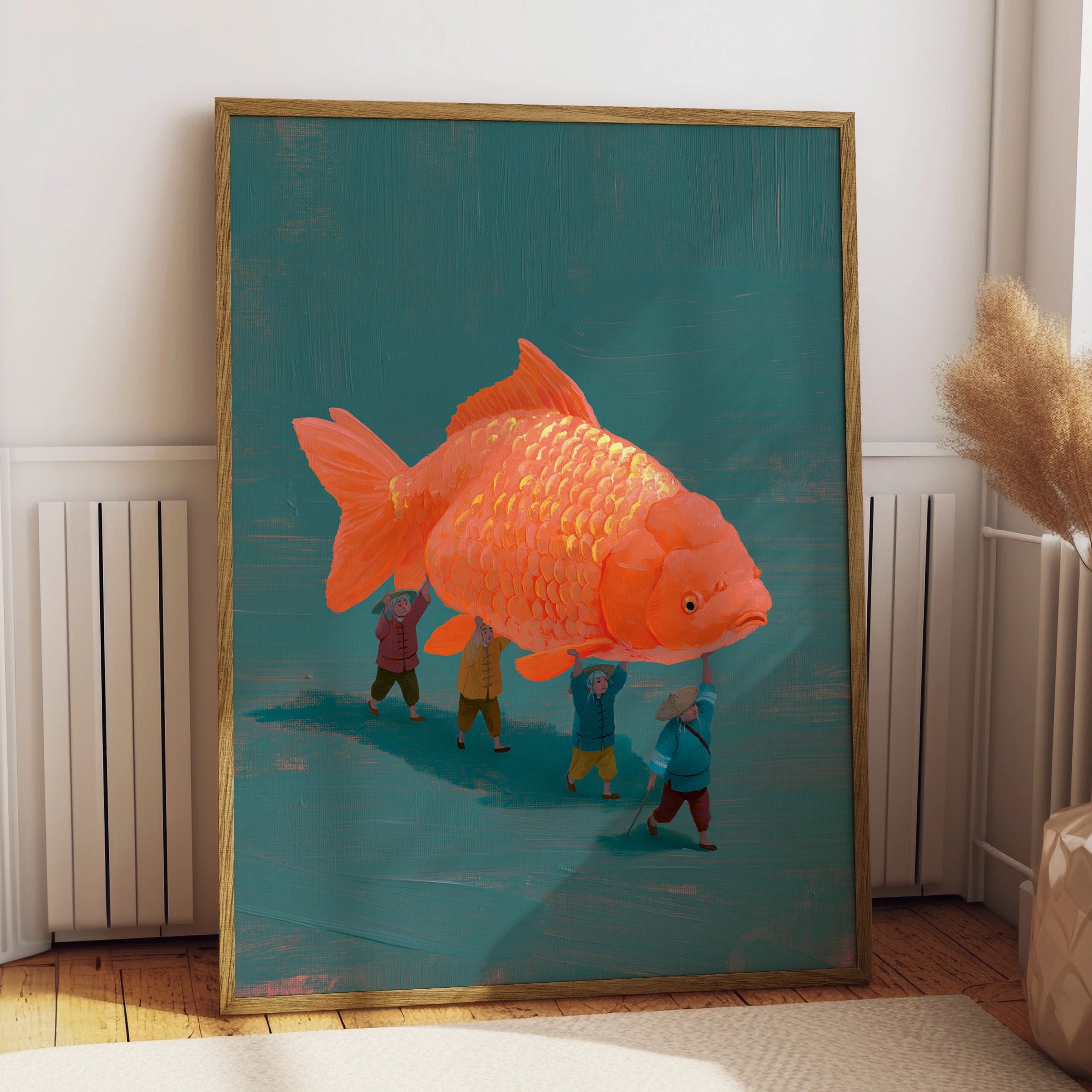 Giant Koi Fish Carried by Fishermen Poster, Asian Folk Art Print
