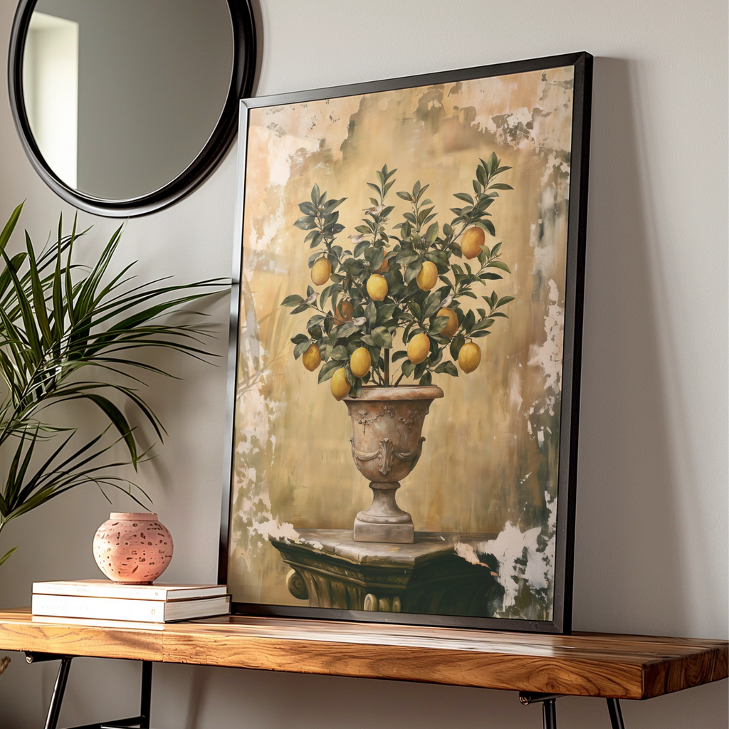 Lemon Tree Ancient Urn Poster, Botanical Wall Art, Vintage Italian Style