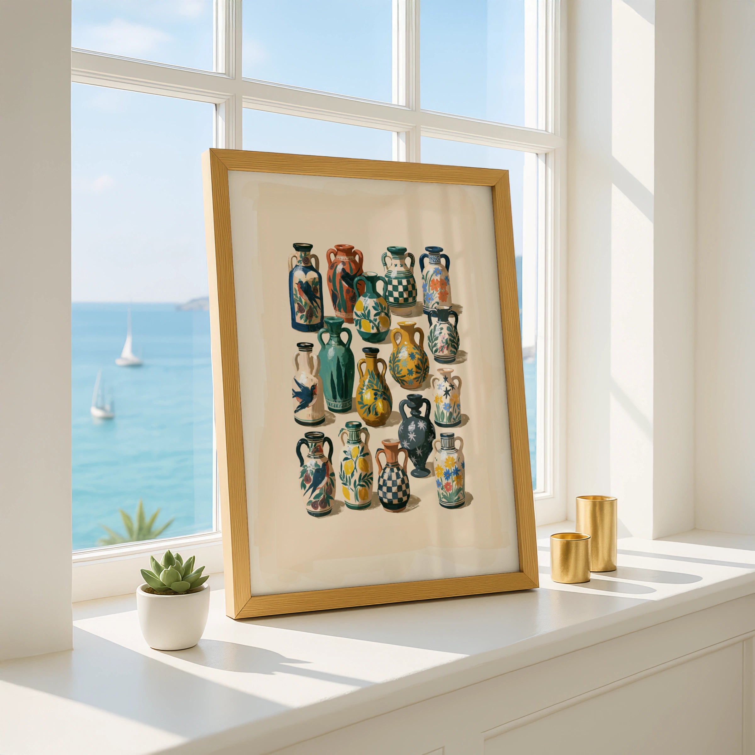 Assorted Ceramic Vases Poster, Folk Art Wall Print, Botanical Illustrated