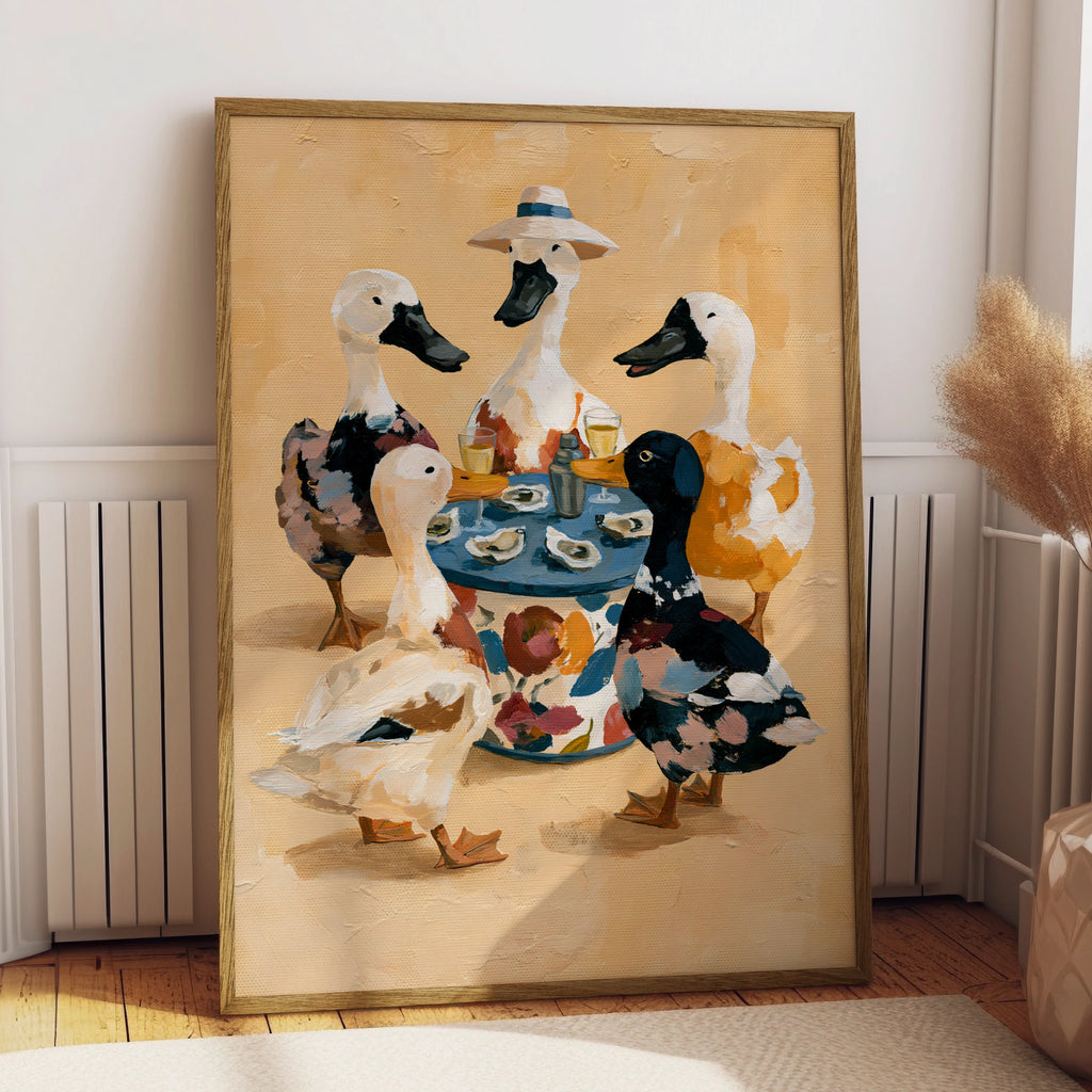 Ducks Eating Oysters Wall Art Poster, Whimsical Animal Print, Quirky Illustrated