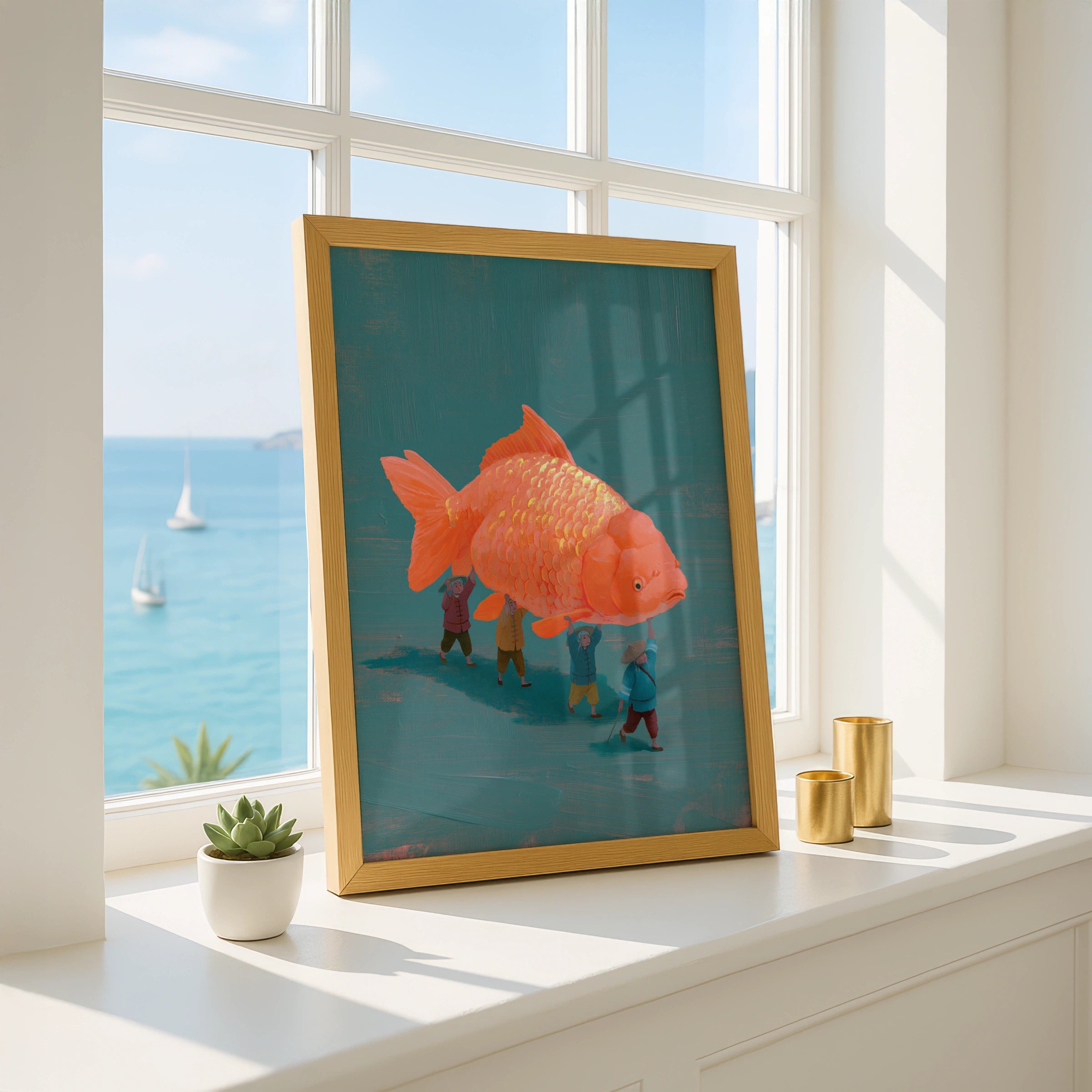 Giant Koi Fish Carried by Fishermen Poster, Asian Folk Art Print