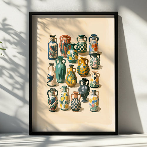 Assorted Ceramic Vases Poster, Folk Art Wall Print, Botanical Illustrated