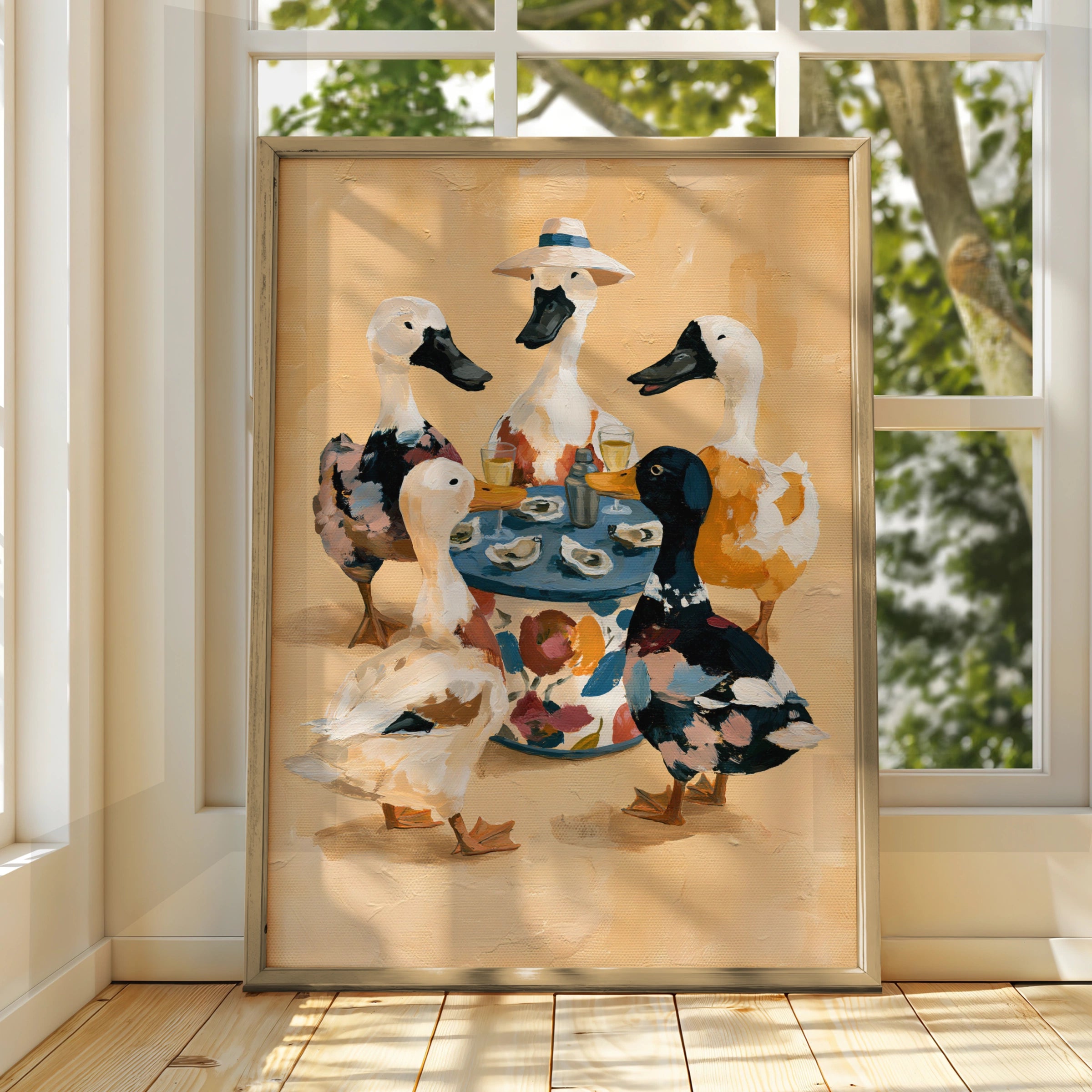 Ducks Eating Oysters Wall Art Poster, Whimsical Animal Print, Quirky Illustrated