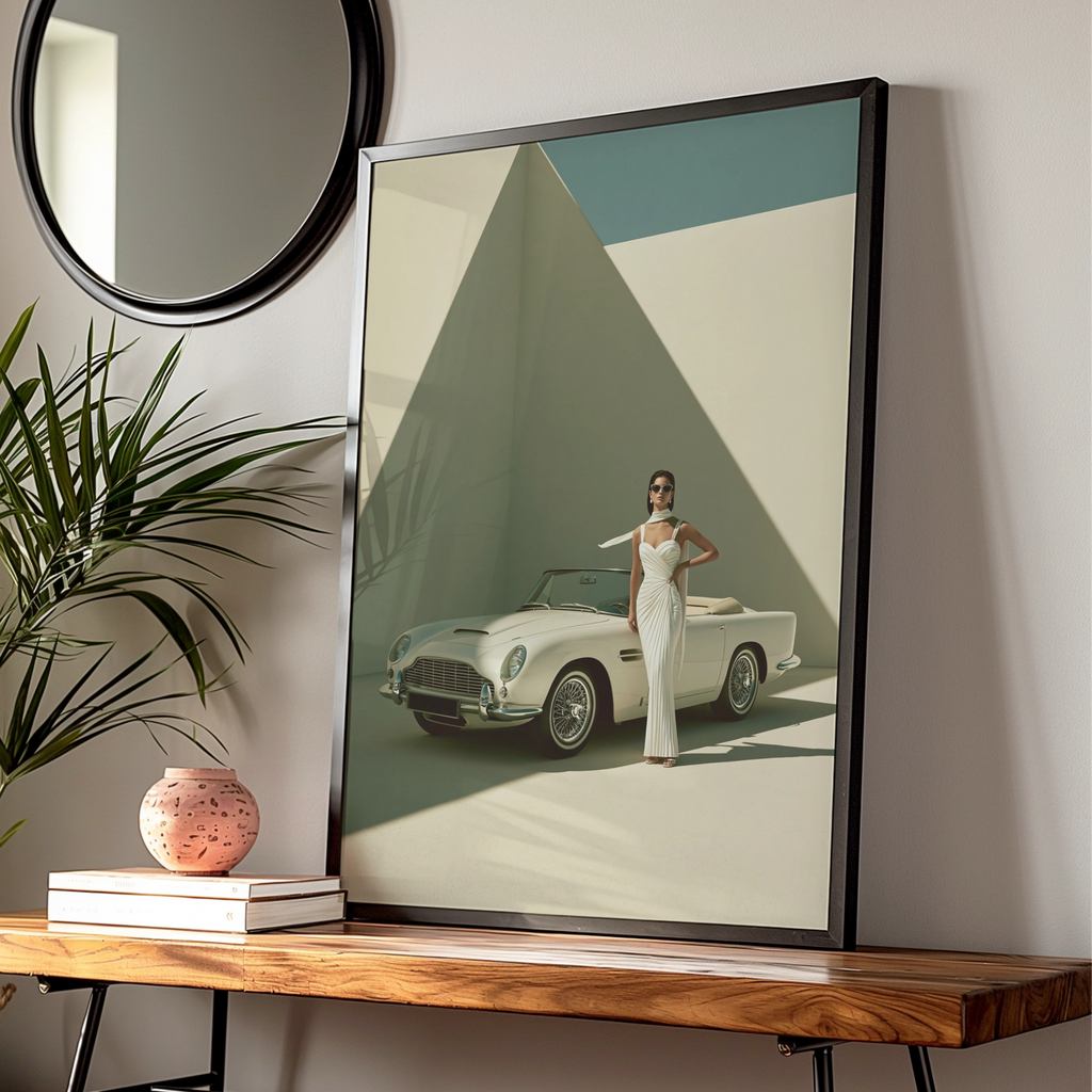 Woman Classic Car Poster, Elegant Fashion Print, Vintage Convertible Wall Art