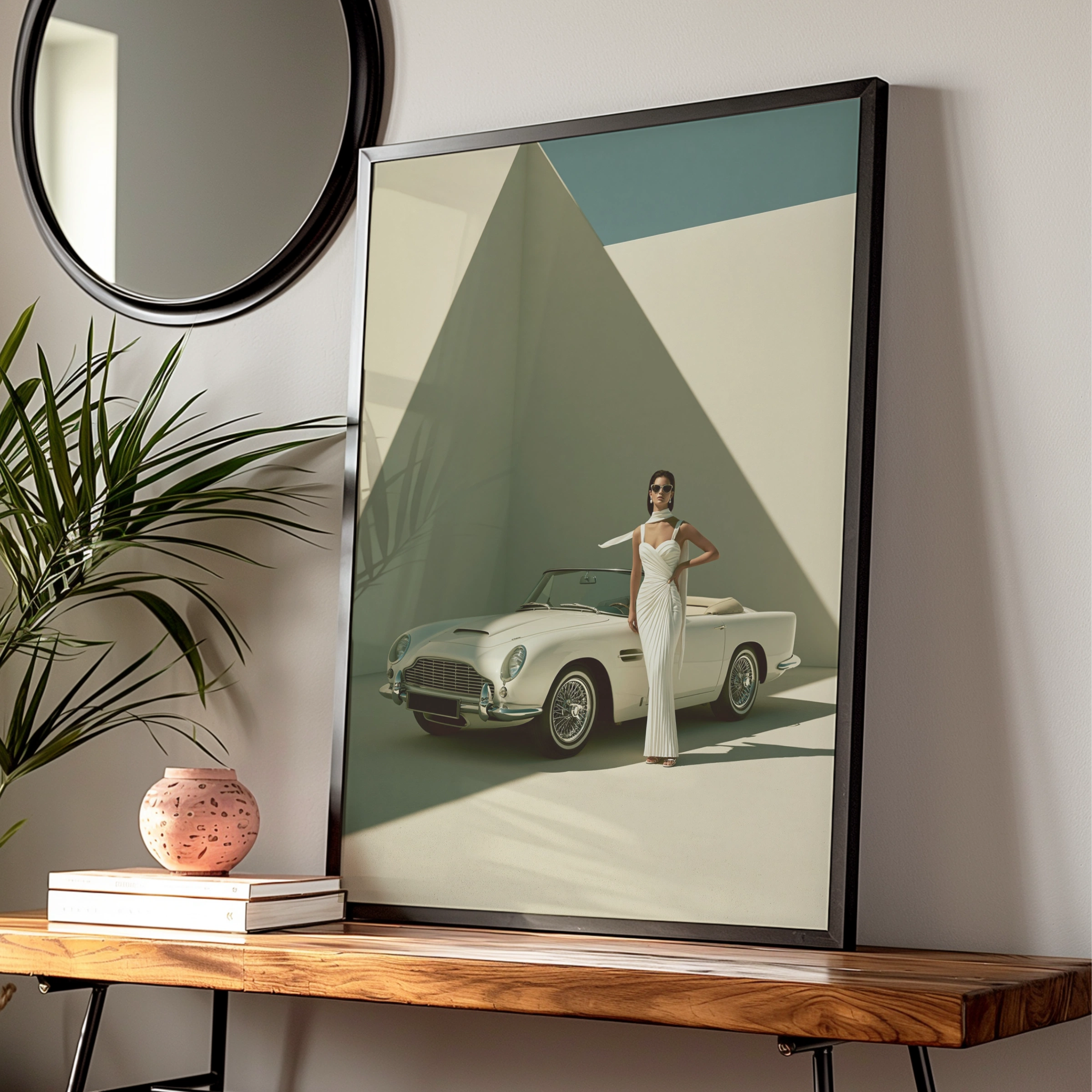 Woman Classic Car Poster, Elegant Fashion Print, Vintage Convertible Wall Art