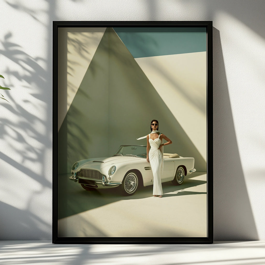 Woman Classic Car Poster, Elegant Fashion Print, Vintage Convertible Wall Art