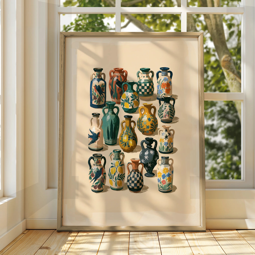 Assorted Ceramic Vases Poster, Folk Art Wall Print, Botanical Illustrated