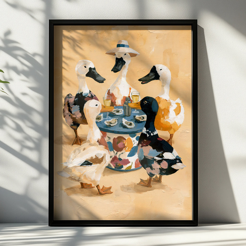 Ducks Eating Oysters Wall Art Poster, Whimsical Animal Print, Quirky Illustrated