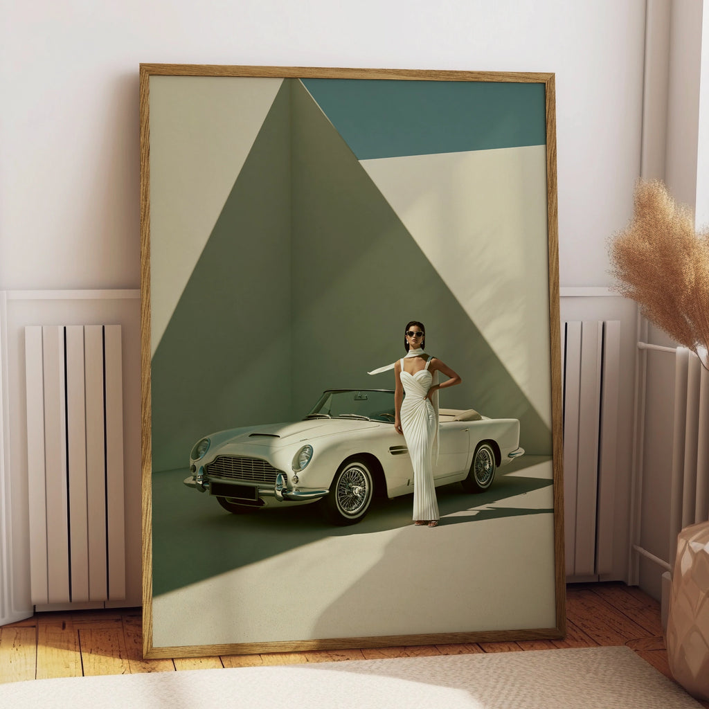 Woman Classic Car Poster, Elegant Fashion Print, Vintage Convertible Wall Art