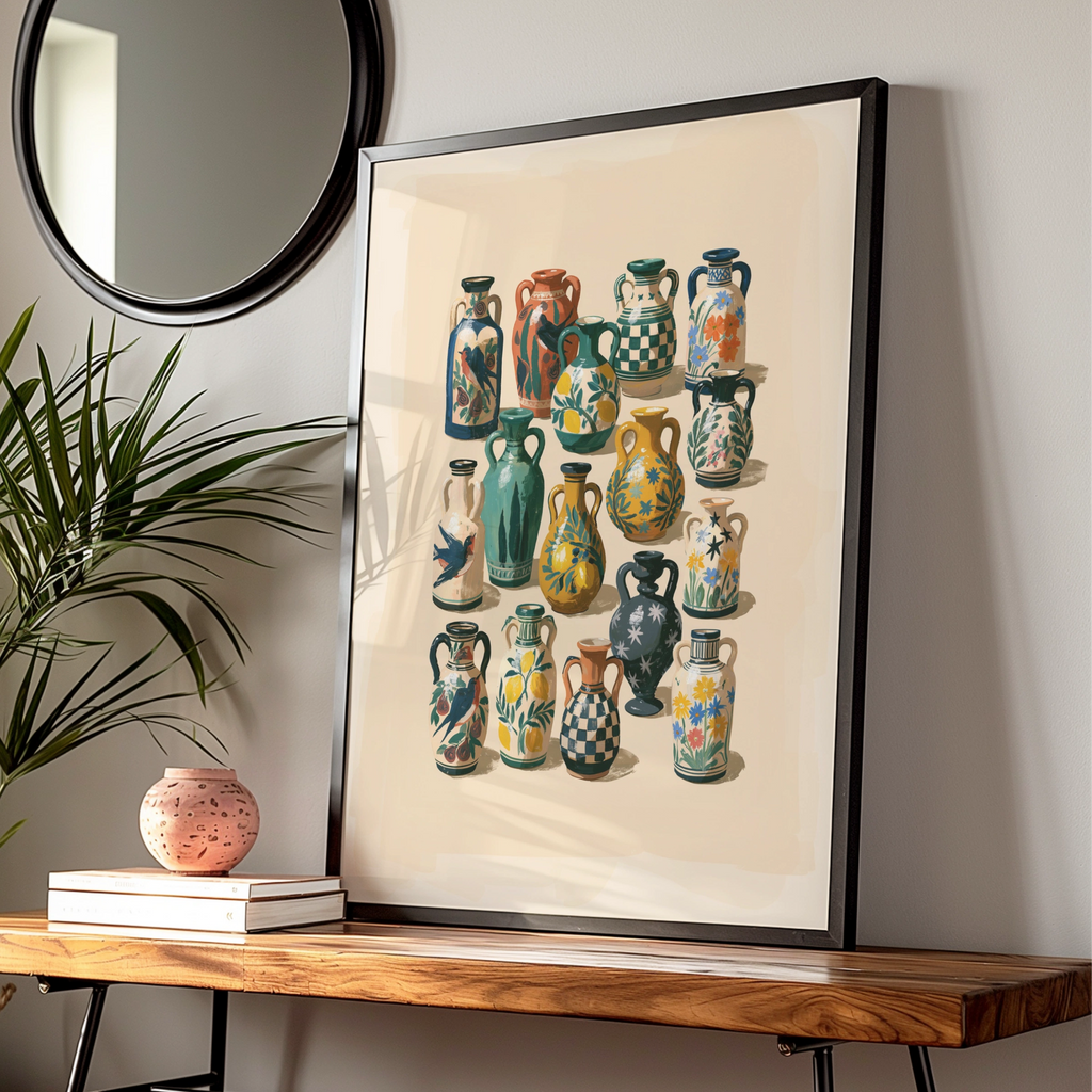 Assorted Ceramic Vases Poster, Folk Art Wall Print, Botanical Illustrated
