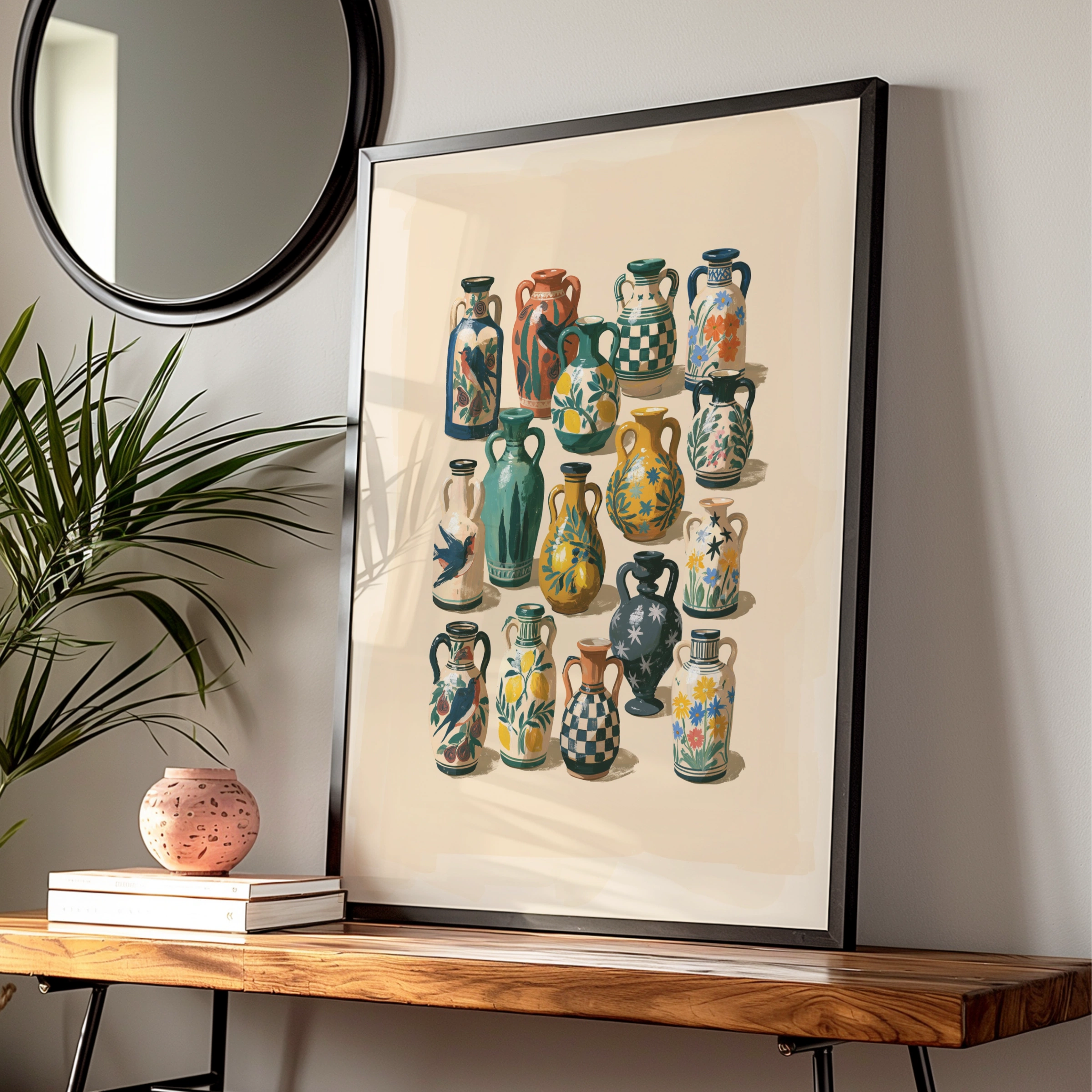 Assorted Ceramic Vases Poster, Folk Art Wall Print, Botanical Illustrated