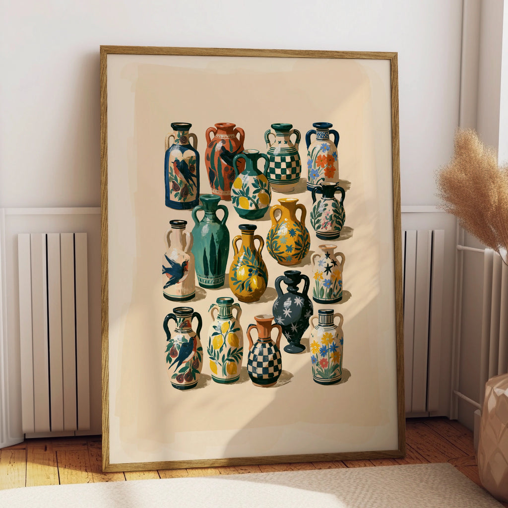 Assorted Ceramic Vases Poster, Folk Art Wall Print, Botanical Illustrated