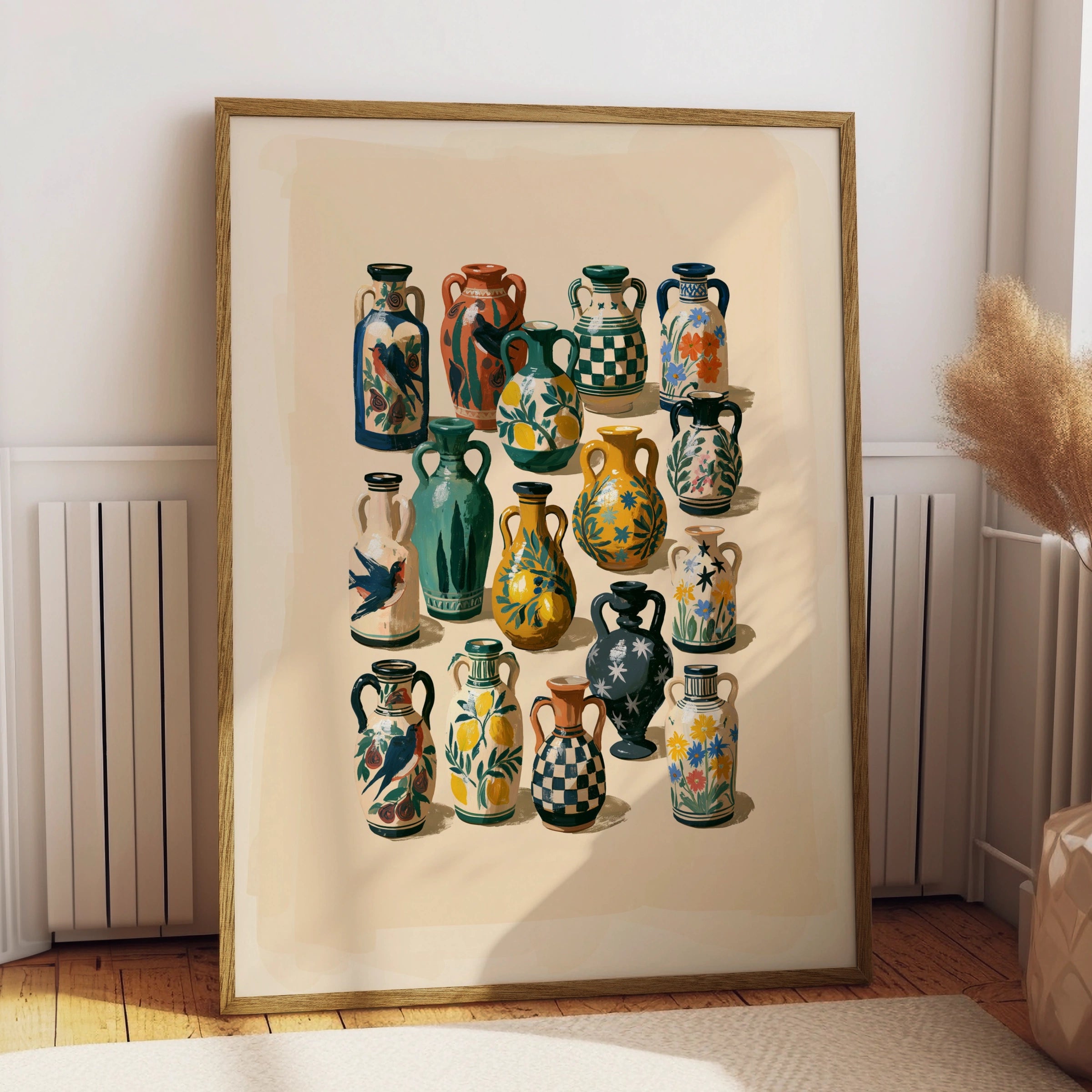 Assorted Ceramic Vases Poster, Folk Art Wall Print, Botanical Illustrated