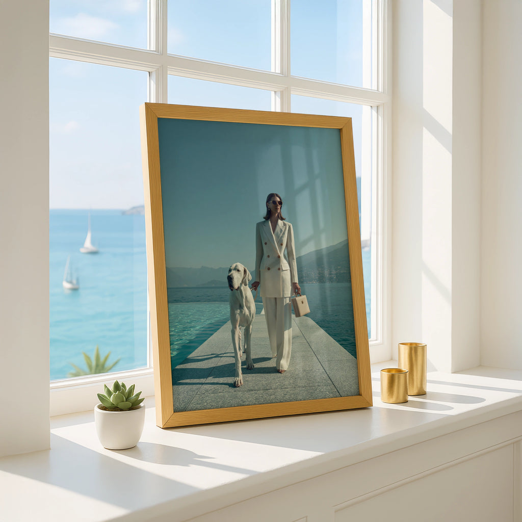 Woman & Great Dane Dog Lakeside Poster, Elegant Fashion Wall Art Print