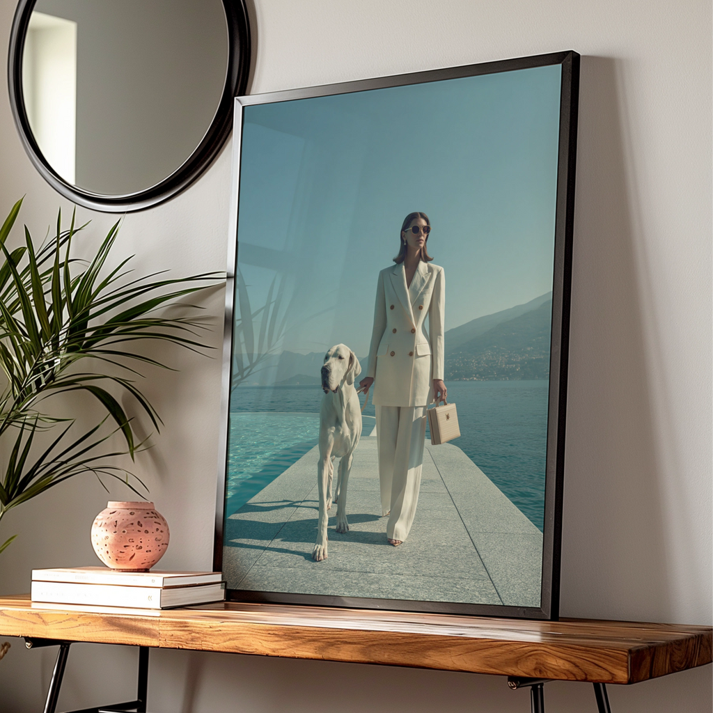 Woman & Great Dane Dog Lakeside Poster, Elegant Fashion Wall Art Print