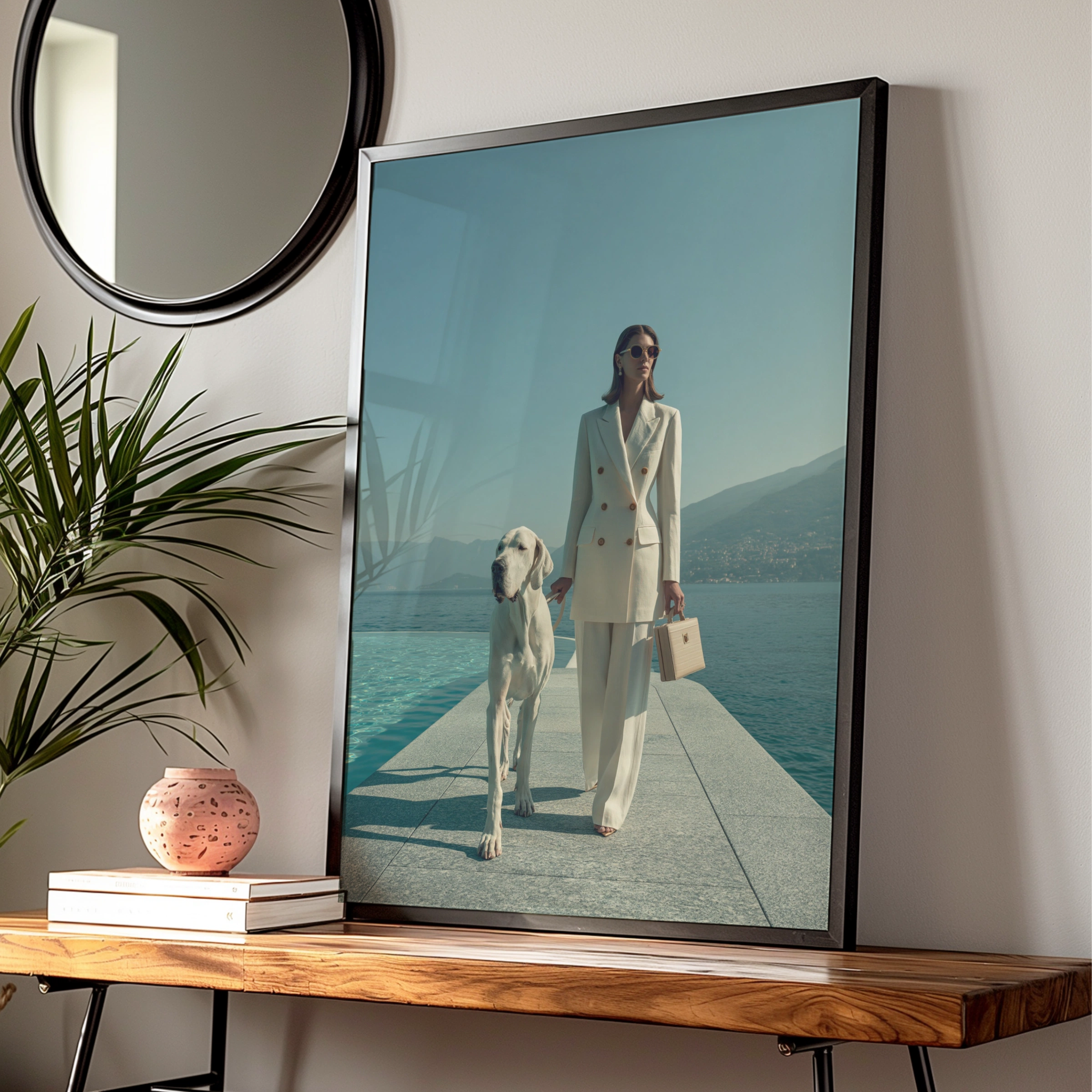Woman & Great Dane Dog Lakeside Poster, Elegant Fashion Wall Art Print