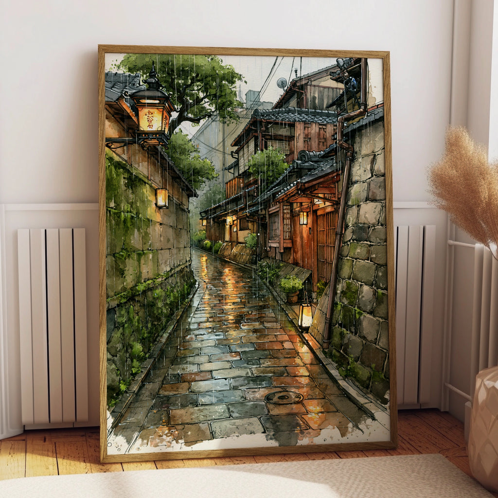 Kyoto Rainy Street Poster, Japanese Alley Wall Art, Watercolour Print