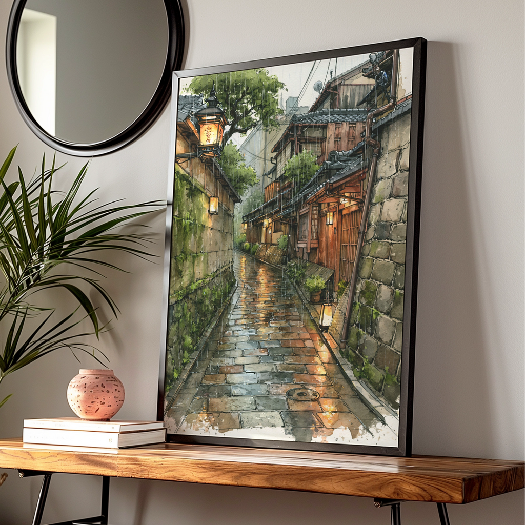 Kyoto Rainy Street Poster, Japanese Alley Wall Art, Watercolour Print