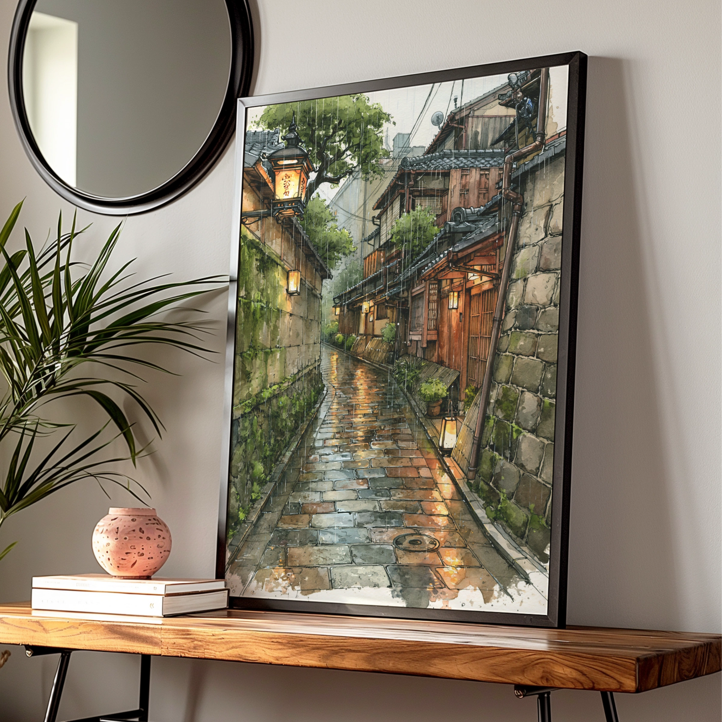 Kyoto Rainy Street Poster, Japanese Alley Wall Art, Watercolour Print