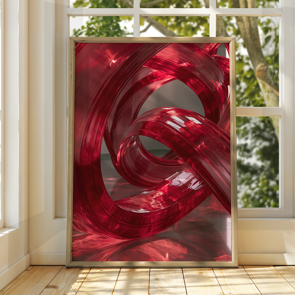 Red Abstract Modern Wall Art Poster, Glossy 3D Swirl Print
